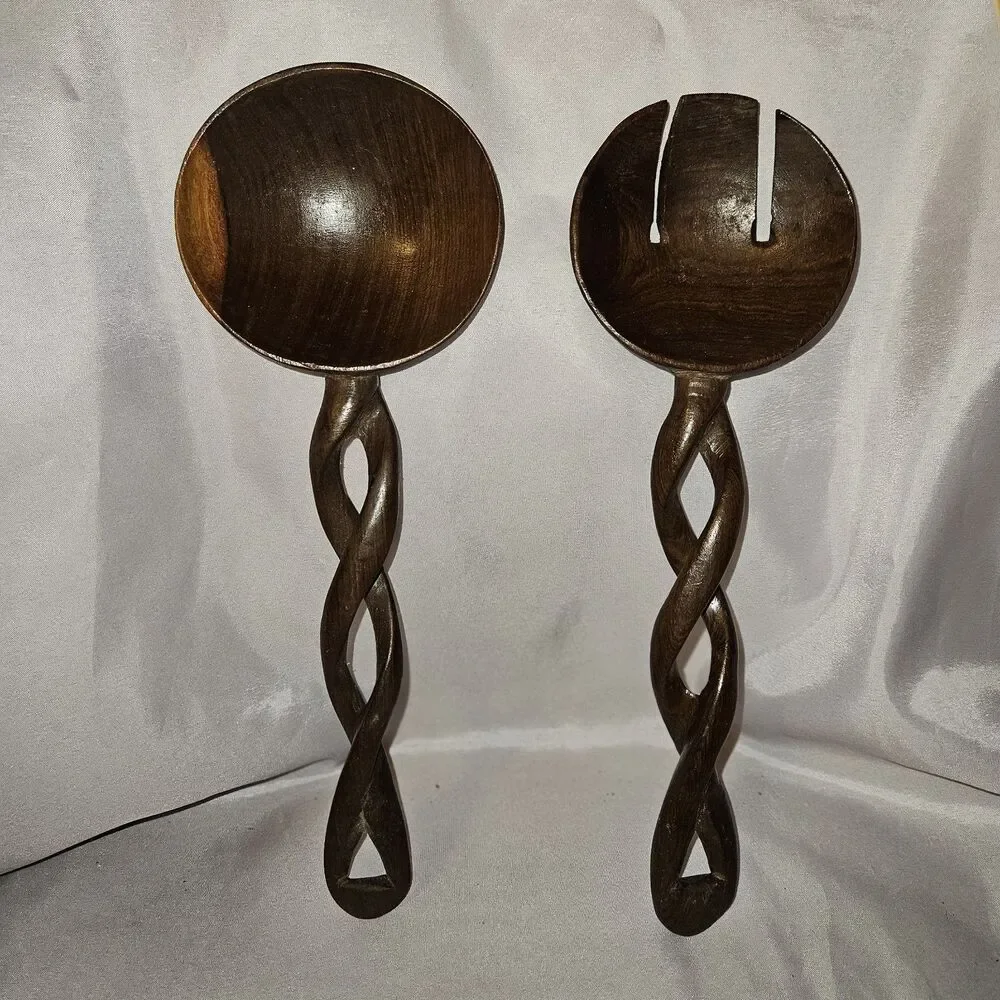VINTAGE TWISTED HAND CARVED WOODEN SALAD SERVERS! FORK & SPOON! AFRICAN 12